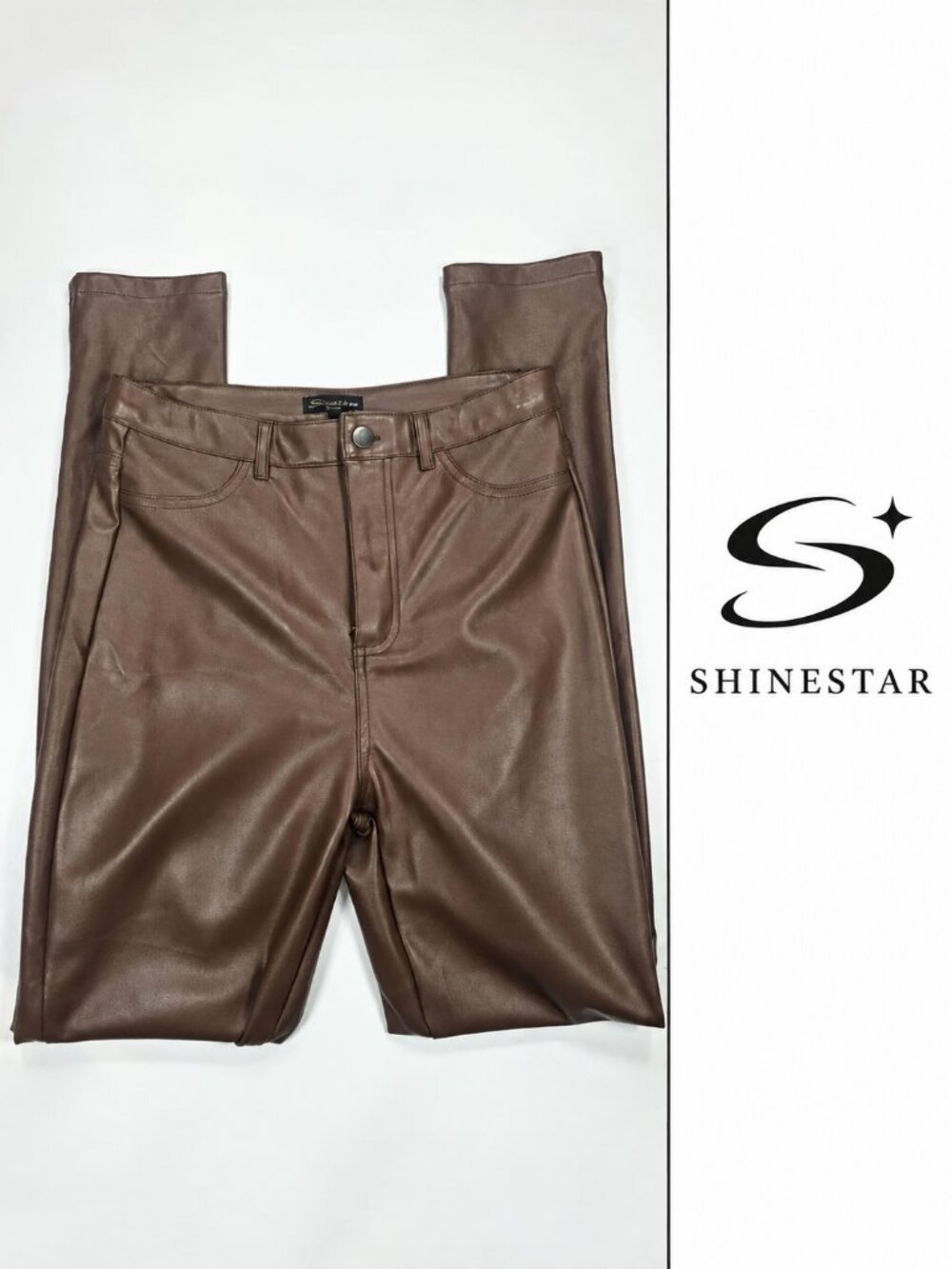 Shinestar Brown Faux Leather High Rise Pants – Size M